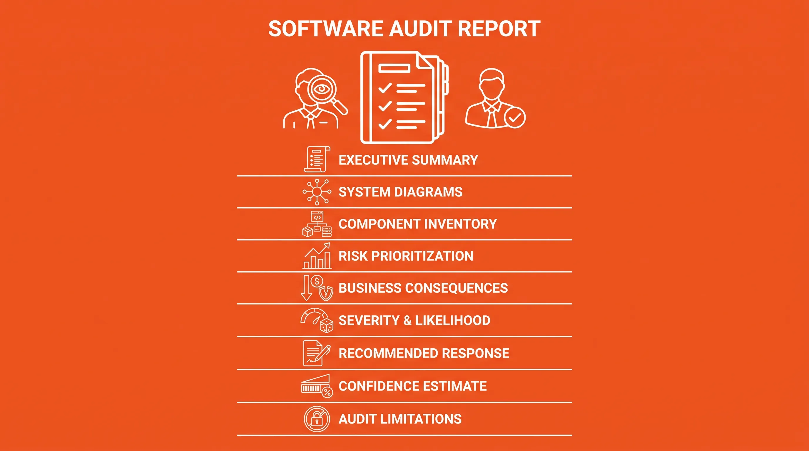 Infographic on software audit report structure with bright orange background, white icons, and labeled sections for key components.